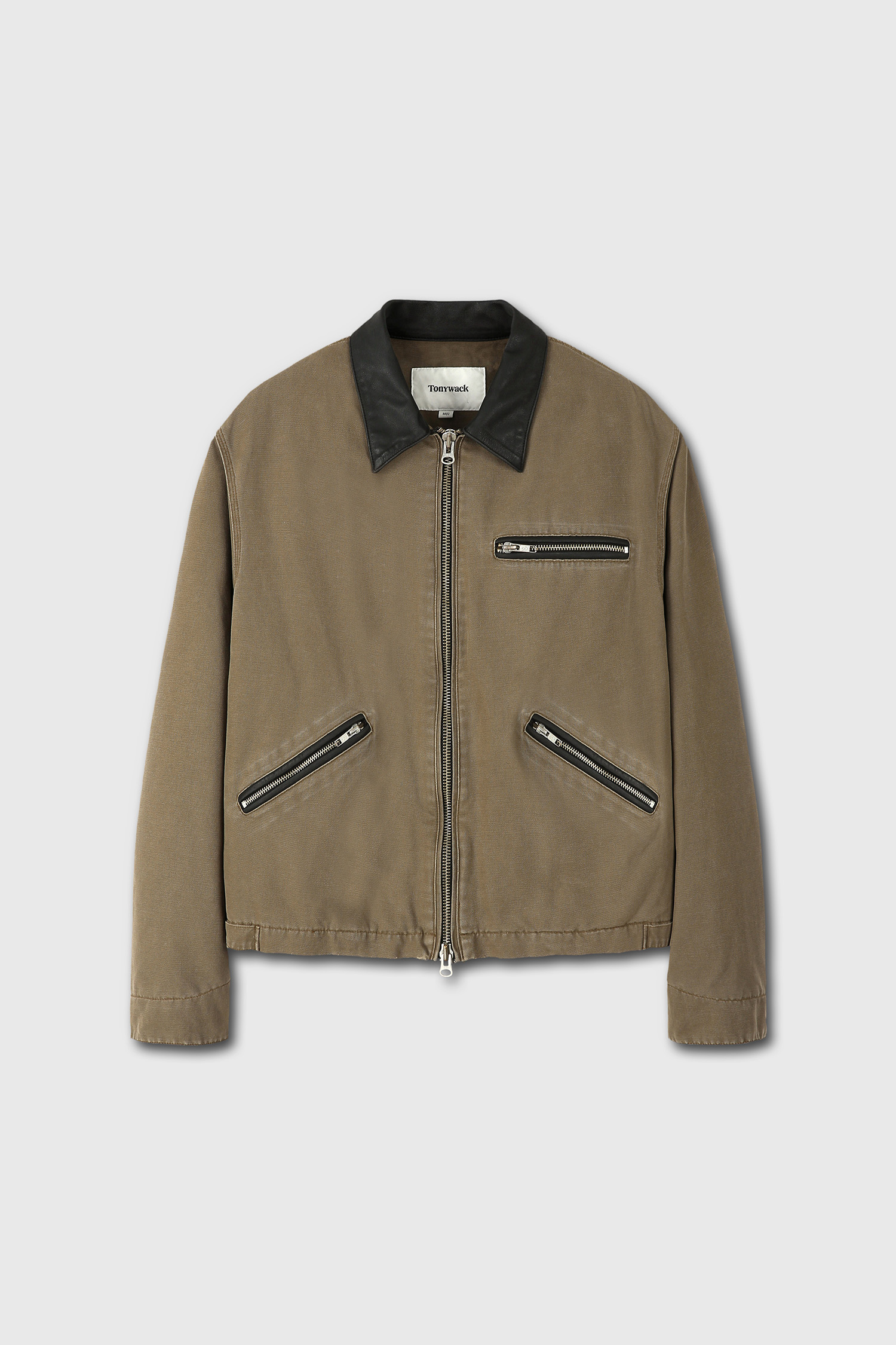 LEATHER COLLAR FADE-EFFECT WORK JACKET (STONE WASHED) beige